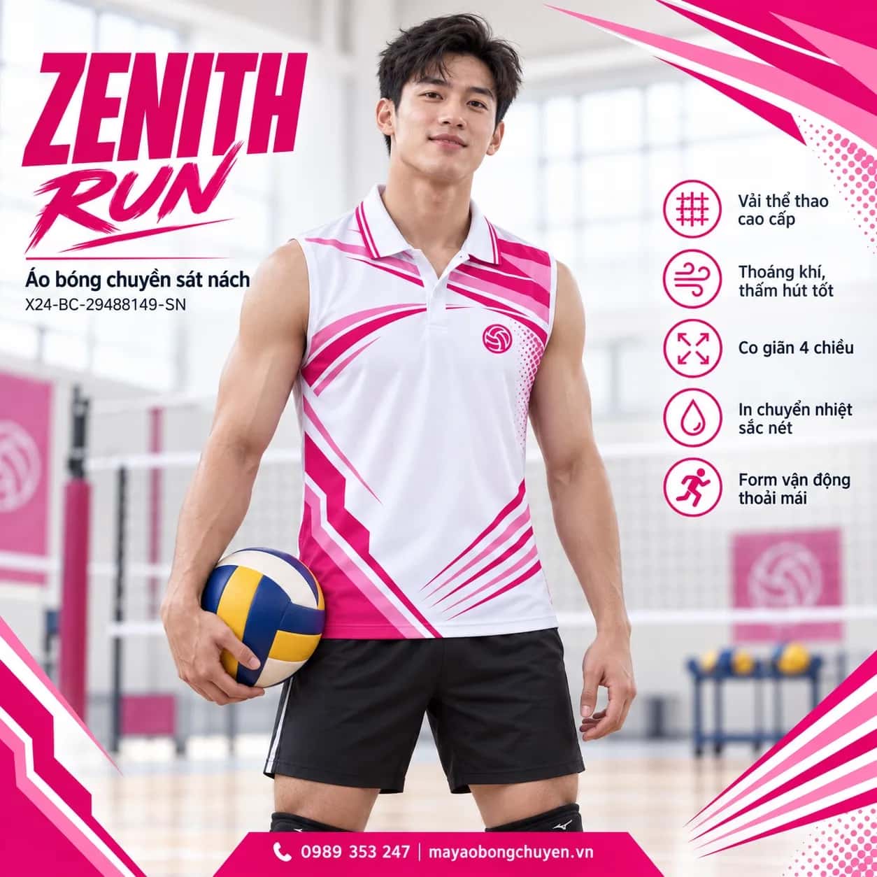 Áo bóng chuyền sát nách Zenith Run phối trắng hồng magenta đặt đội
