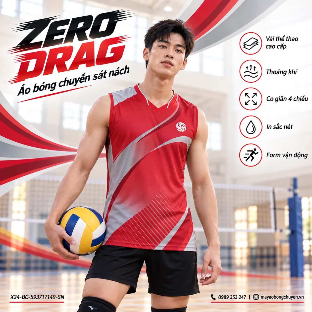 Áo bóng chuyền sát nách Zero Drag phối đỏ crimson xám bạc đặt đội