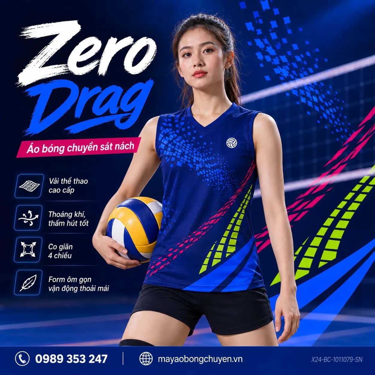 Áo bóng chuyền sát nách Zero Drag phối xanh navy hoàng gia xanh cobalt đặt đội