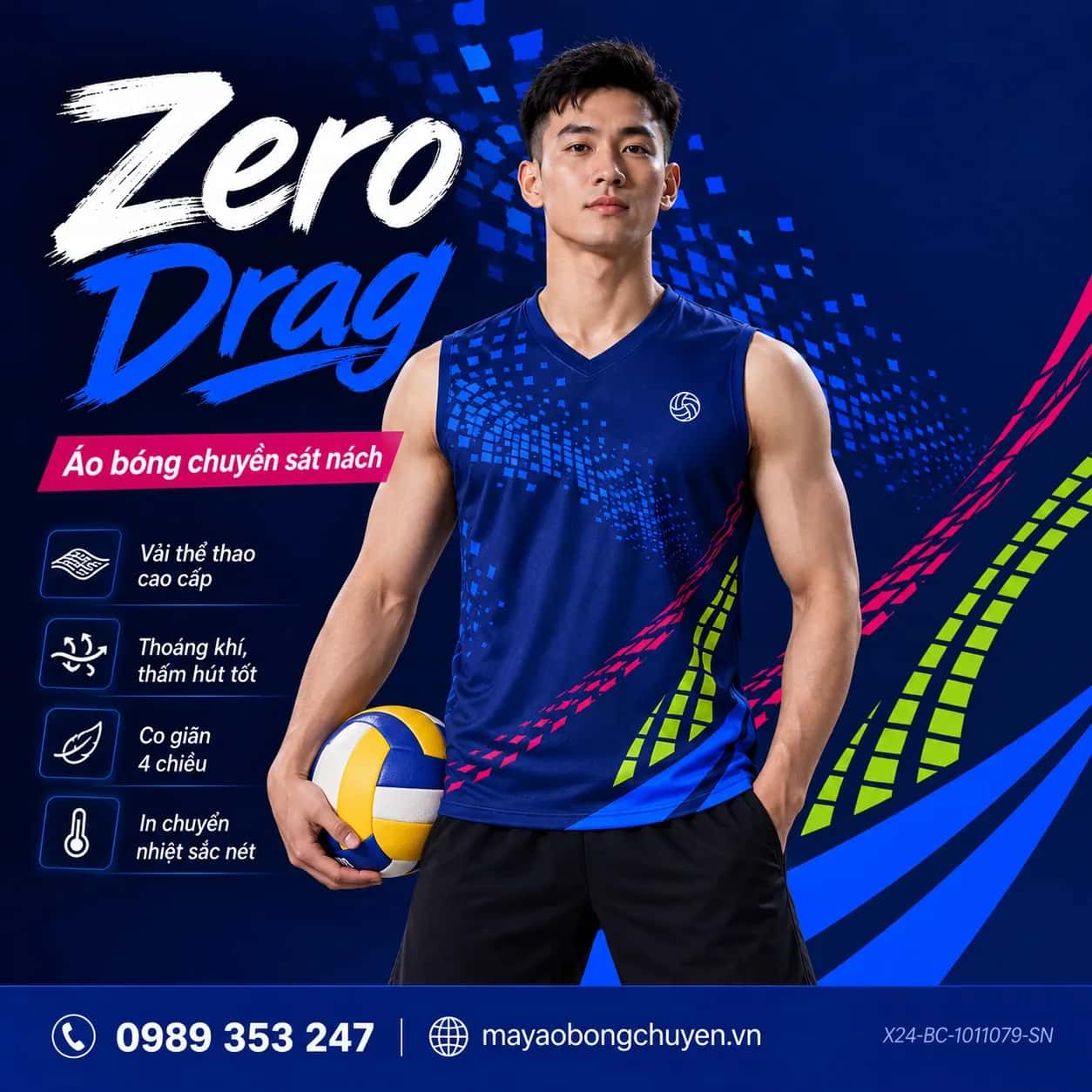Áo bóng chuyền sát nách Zero Drag phối xanh navy hoàng gia xanh cobalt đặt đội