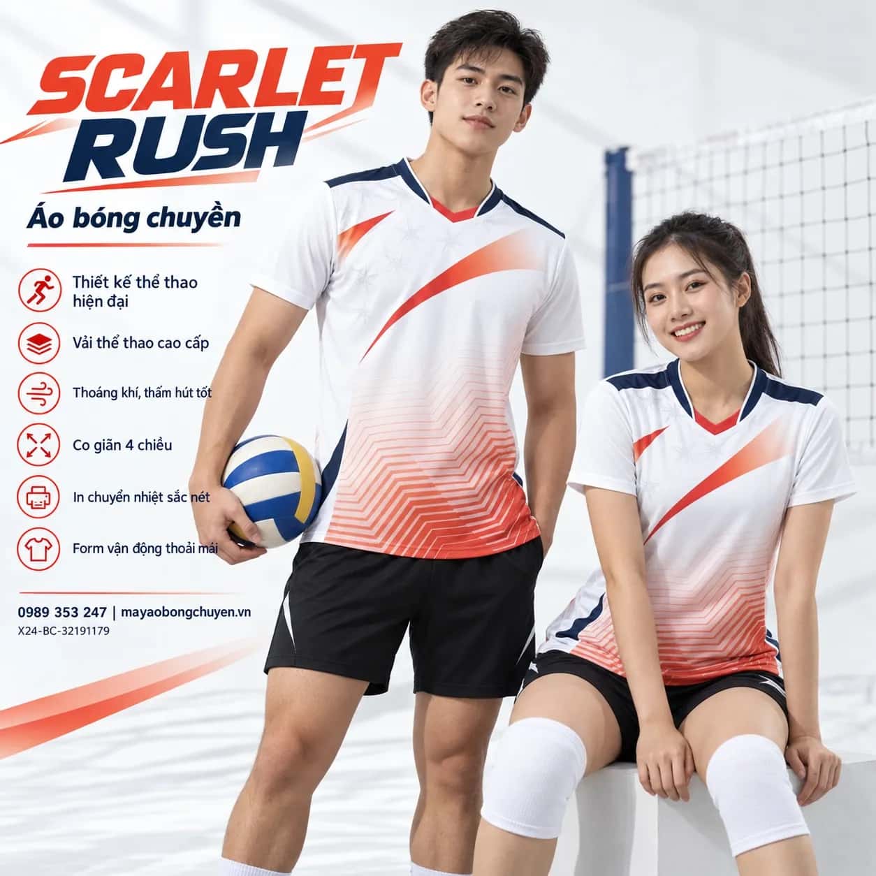 Áo bóng chuyền Scarlet Rush phối trắng đỏ đặt đội
