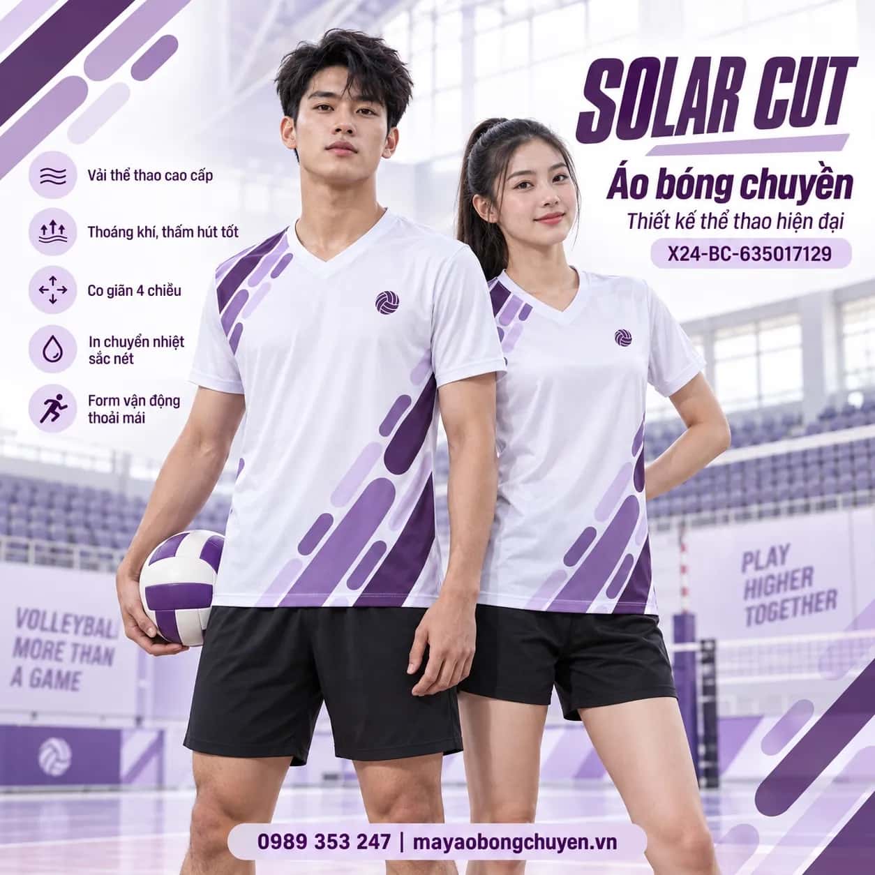 Áo bóng chuyền Solar Cut phối trắng ngọc trai tím plum đặt đội
