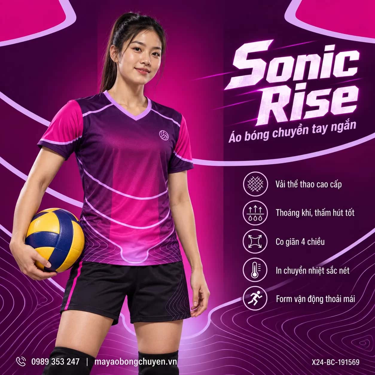 Áo bóng chuyền Sonic Rise phối Đỏ magenta - Tím plum đặt đội