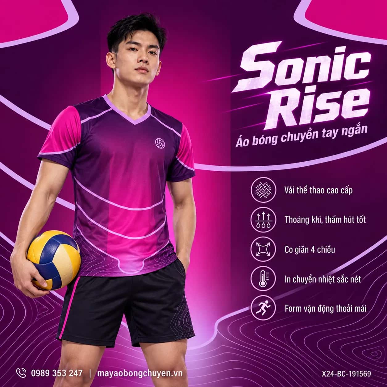 Áo bóng chuyền Sonic Rise phối Đỏ magenta - Tím plum đặt đội