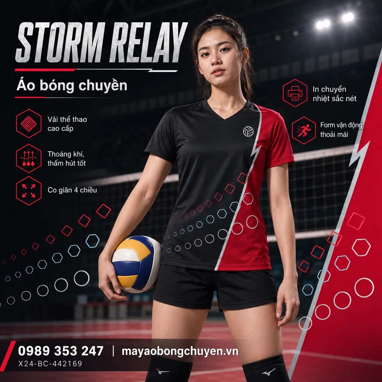 Áo bóng chuyền Storm Relay đen đỏ họa tiết hình học