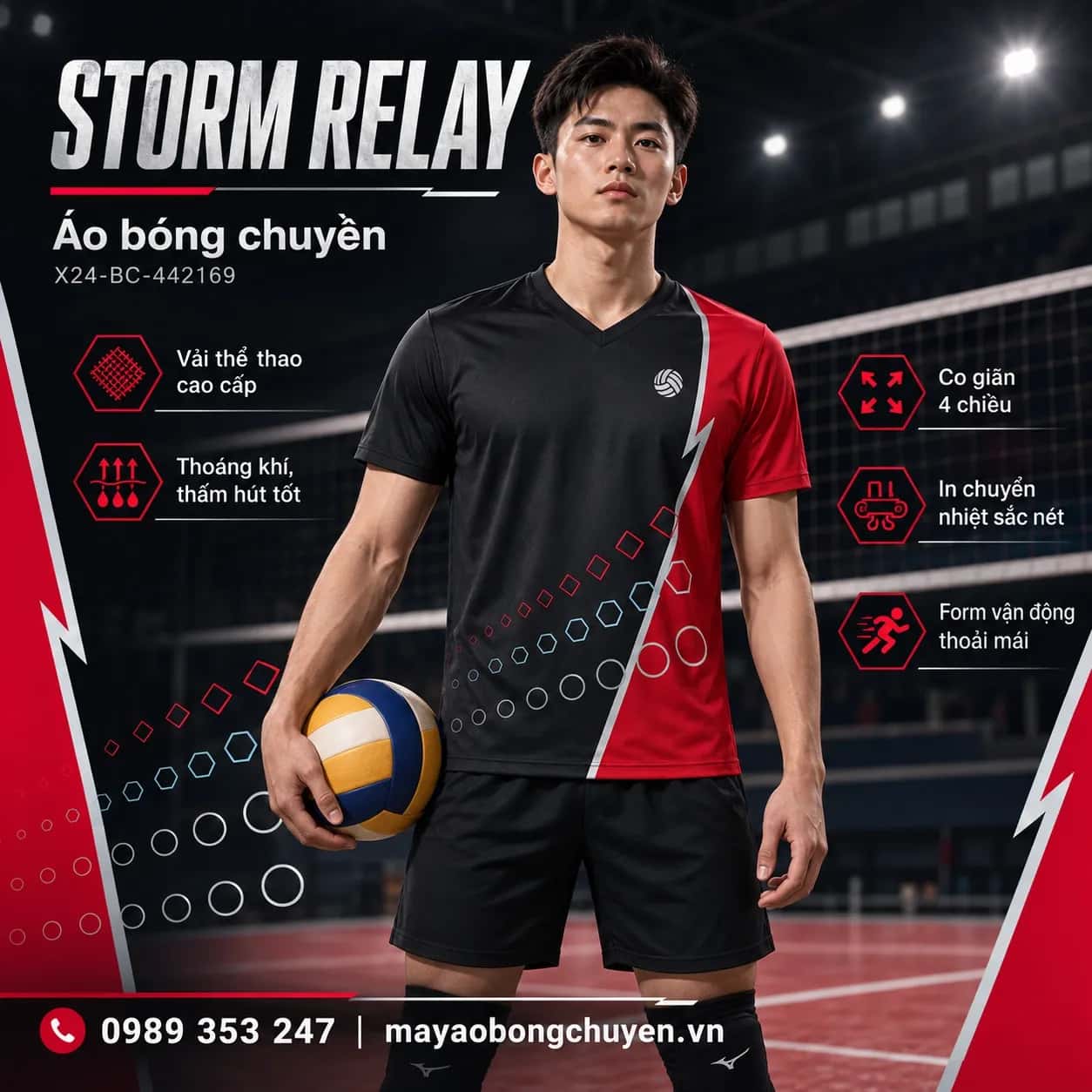 Áo bóng chuyền Storm Relay đen đỏ họa tiết hình học