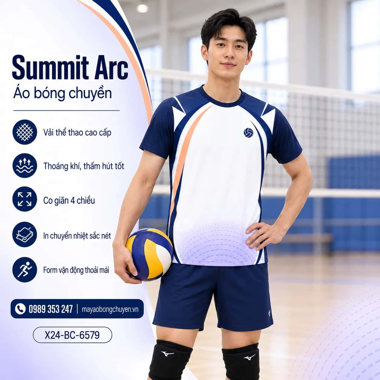 Áo bóng chuyền Summit Arc trắng phối xanh navy đặt may cho đội