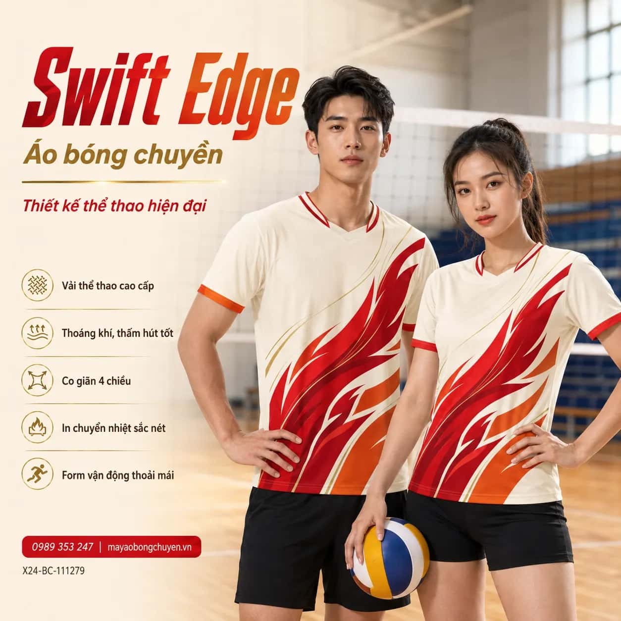 Áo bóng chuyền Swift Edge phối trắng kem, đỏ scarlet, cam cháy và vàng gold đặt may cho đội