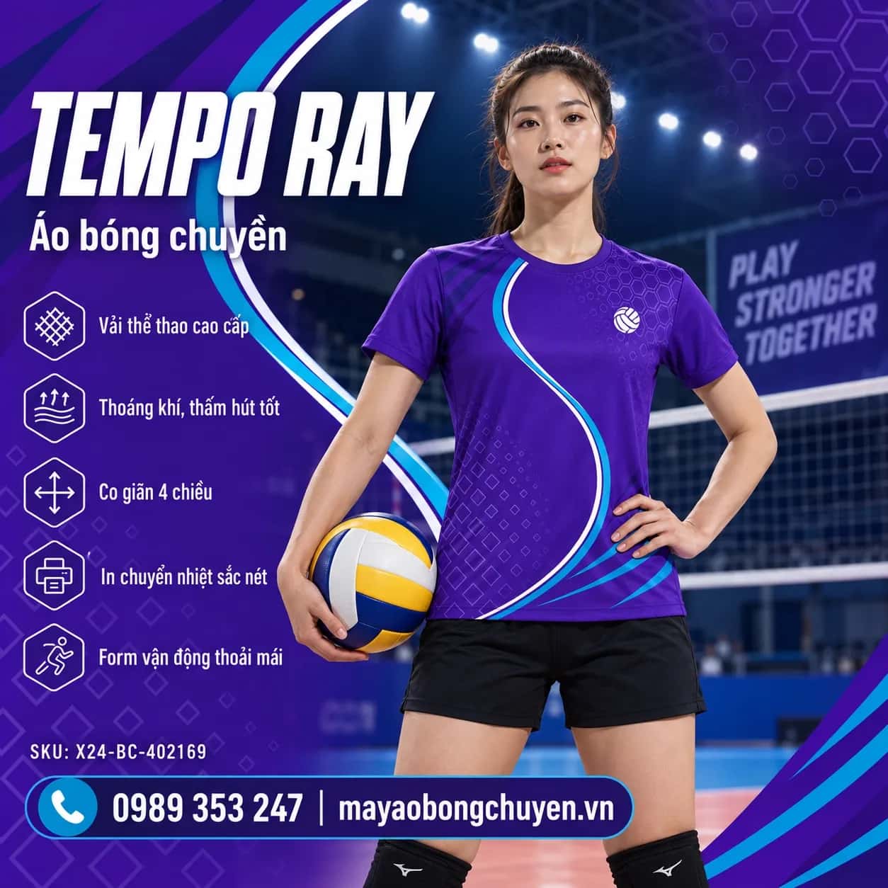 Áo bóng chuyền Tempo Ray tím họa tiết thoi lục giác