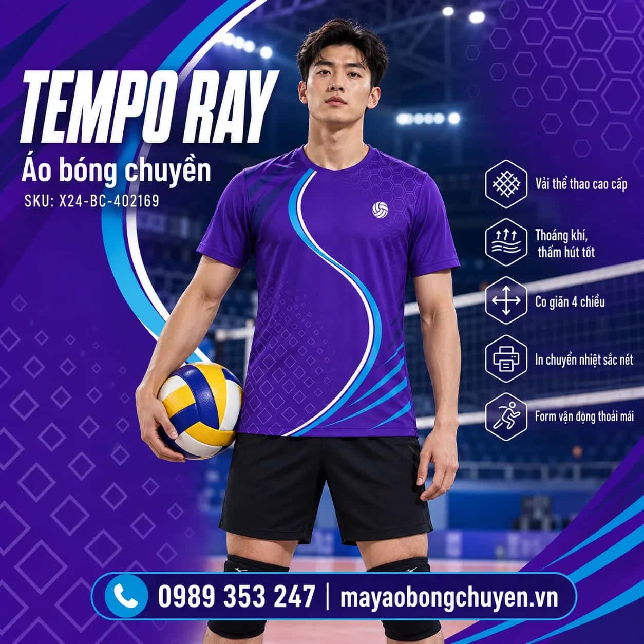 Áo bóng chuyền Tempo Ray tím họa tiết thoi lục giác