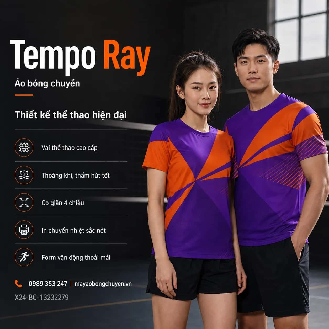 Áo bóng chuyền Tempo Ray phối tím violet cam cháy đặt đội