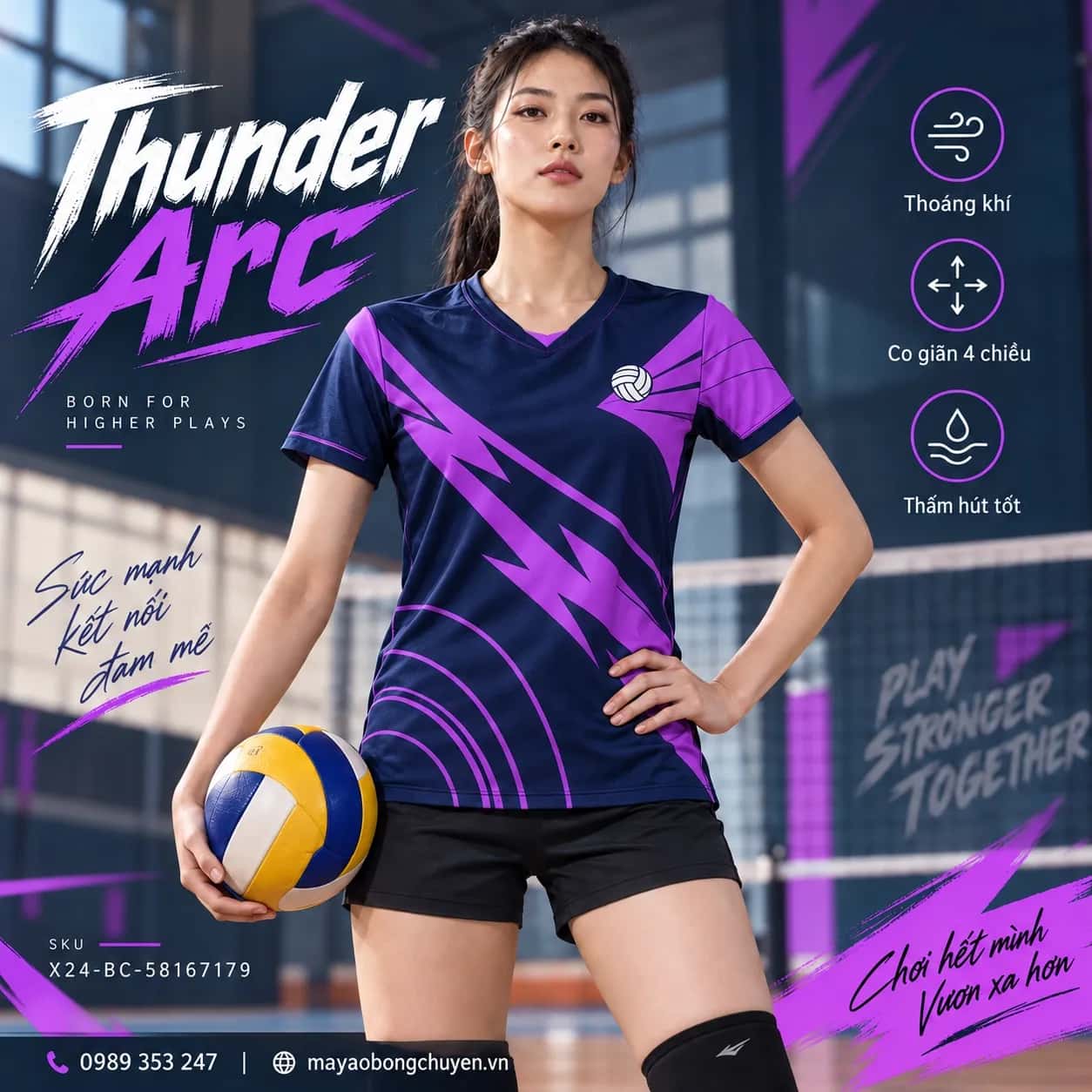 Áo bóng chuyền Thunder Arc phối xanh navy và tím violet đặt đội