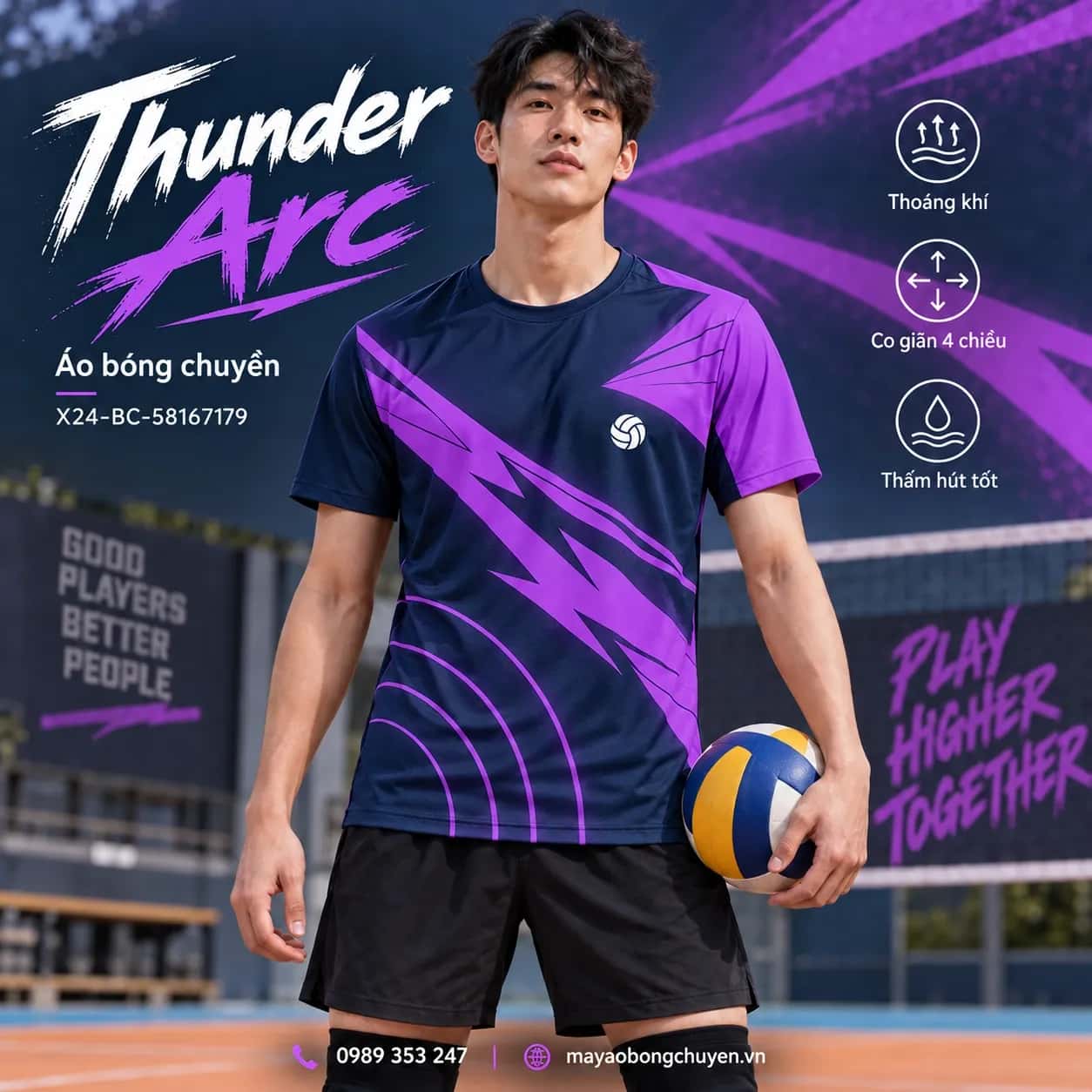 Áo bóng chuyền Thunder Arc phối xanh navy và tím violet đặt đội