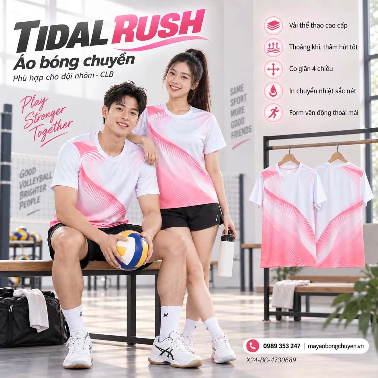 Áo bóng chuyền Tidal Rush phối hồng neon trắng đặt đội