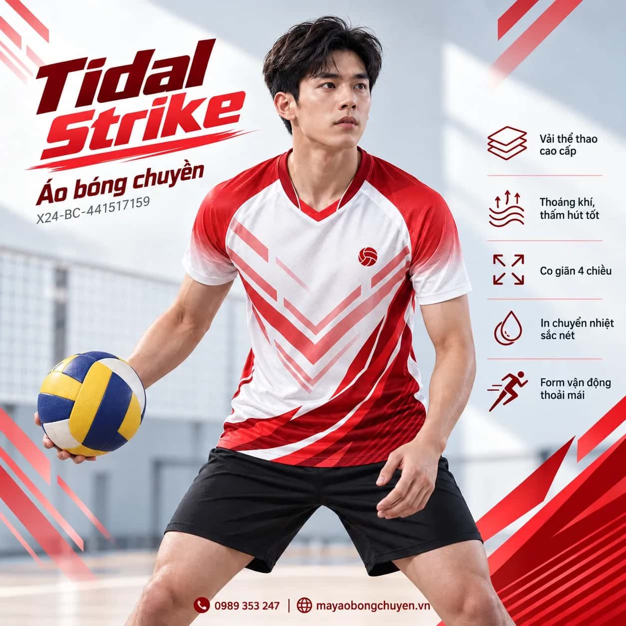 Áo bóng chuyền Tidal Strike phối trắng đỏ đặt đội
