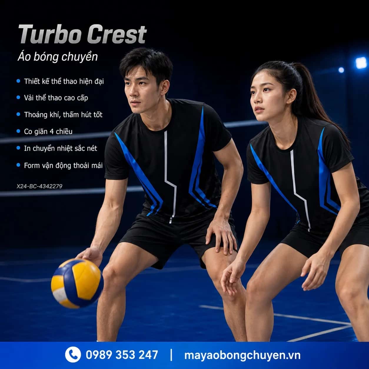 Áo bóng chuyền Turbo Crest phối đen xanh electric đặt đội