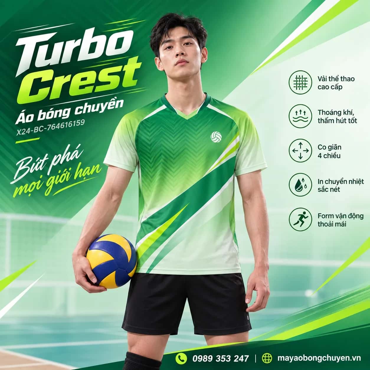 Áo bóng chuyền Turbo Crest phối xanh lá đậm vàng lime đặt đội