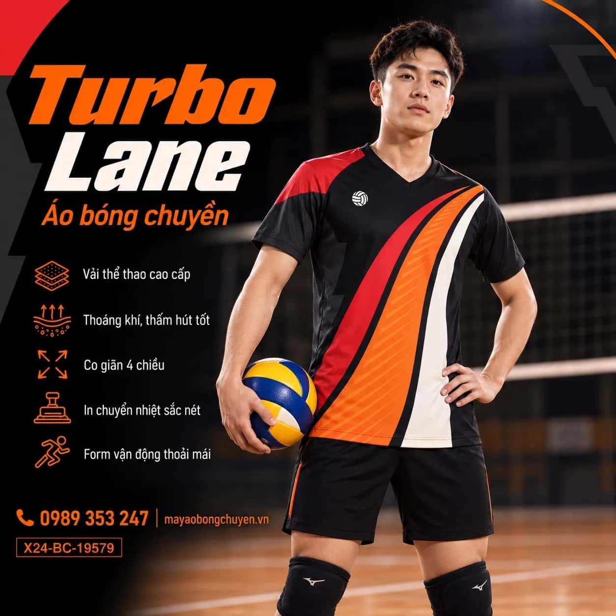Áo bóng chuyền Turbo Lane đen phối đỏ scarlet đặt may cho đội