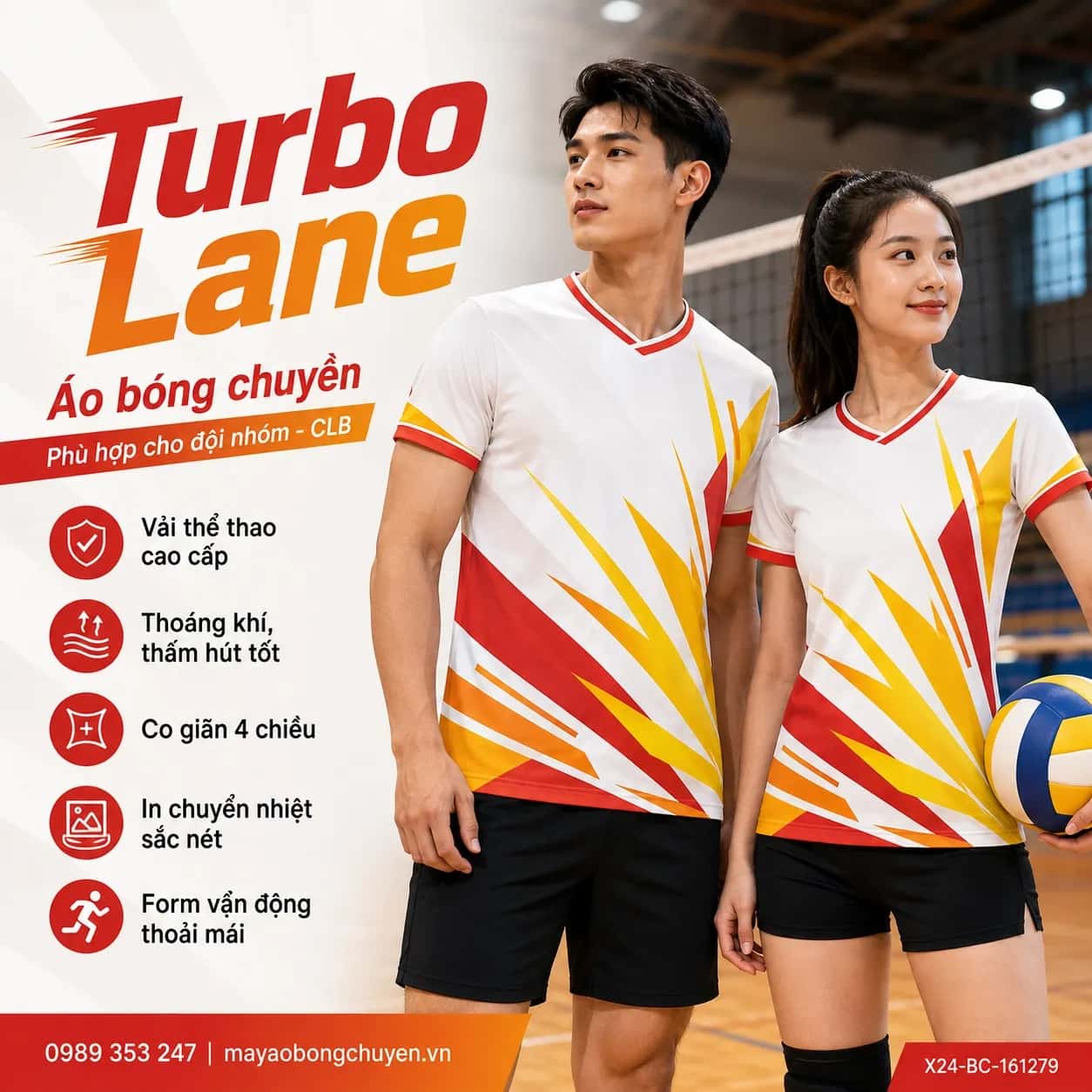 Áo bóng chuyền Turbo Lane phối trắng ngọc trai, vàng, đỏ vermilion và cam cháy đặt may cho đội