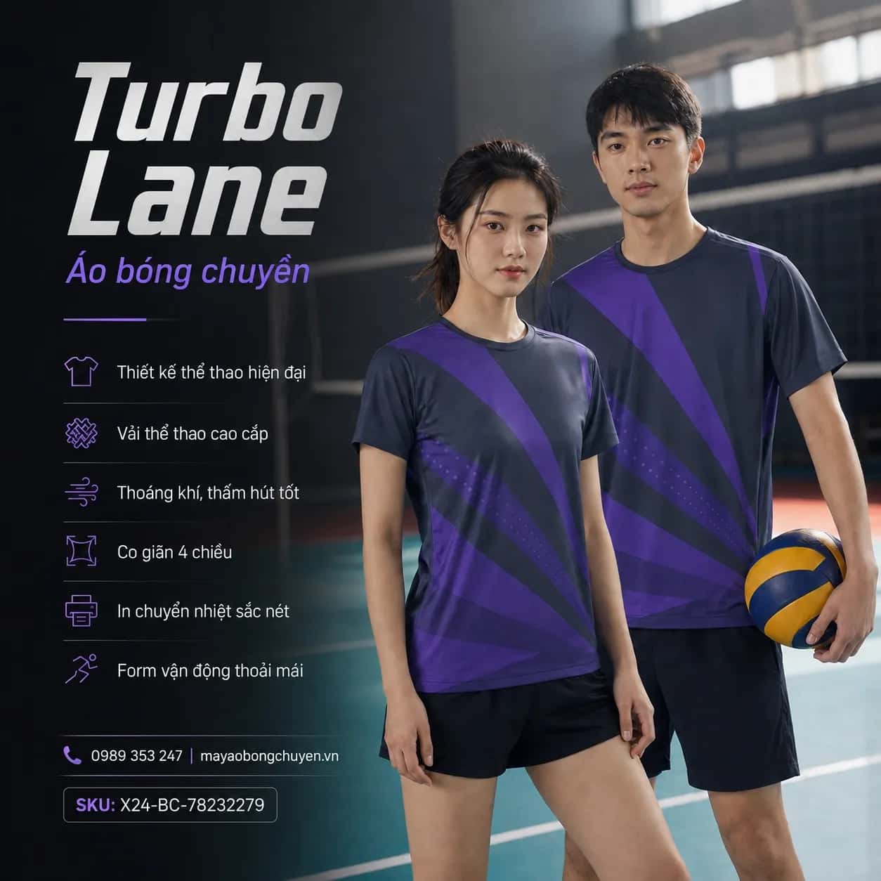 Áo bóng chuyền Turbo Lane phối xám slate tím violet đặt đội