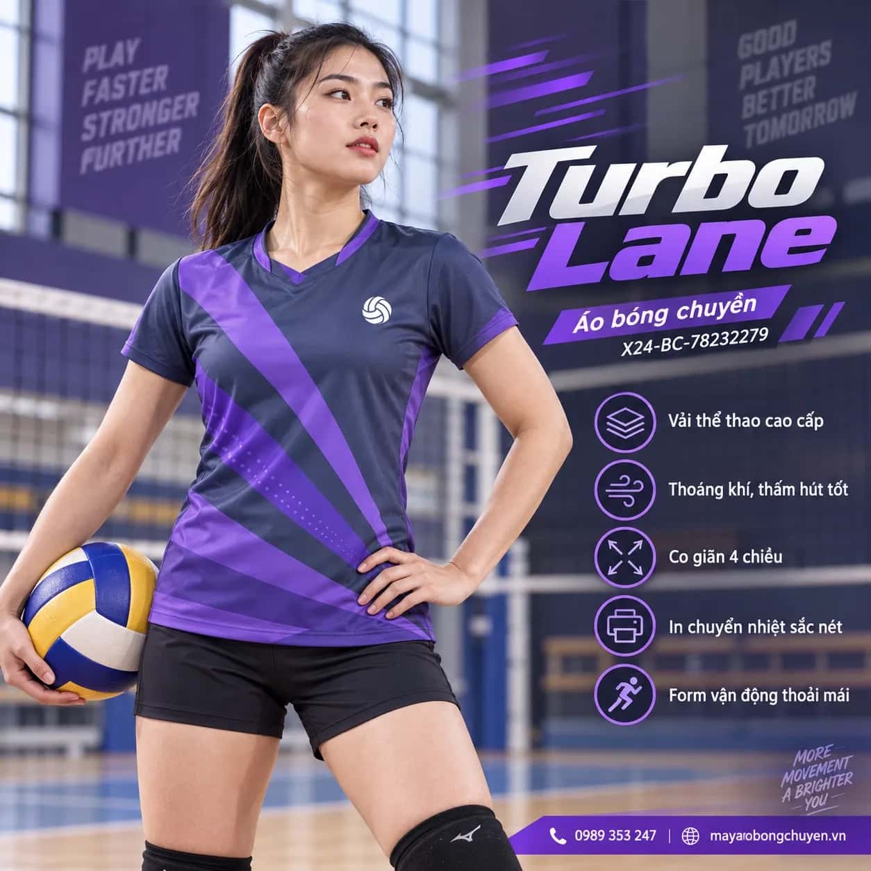 Áo bóng chuyền Turbo Lane phối xám slate tím violet đặt đội