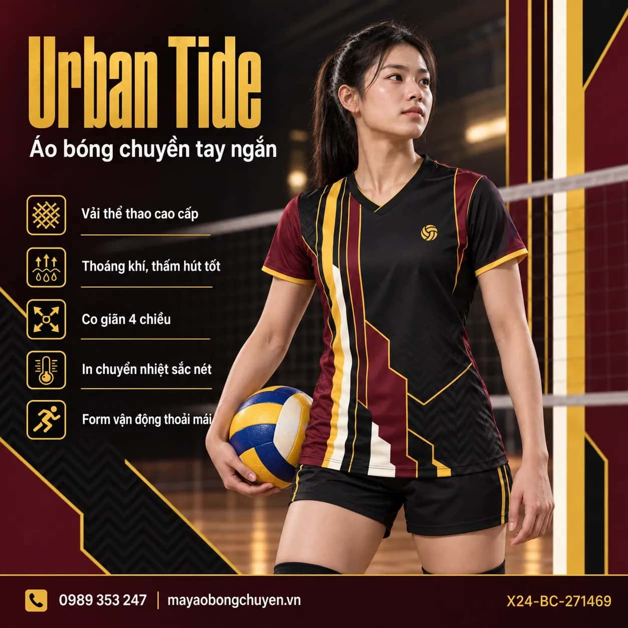 Áo bóng chuyền Urban Tide phối Đen - Đỏ burgundy đặt đội