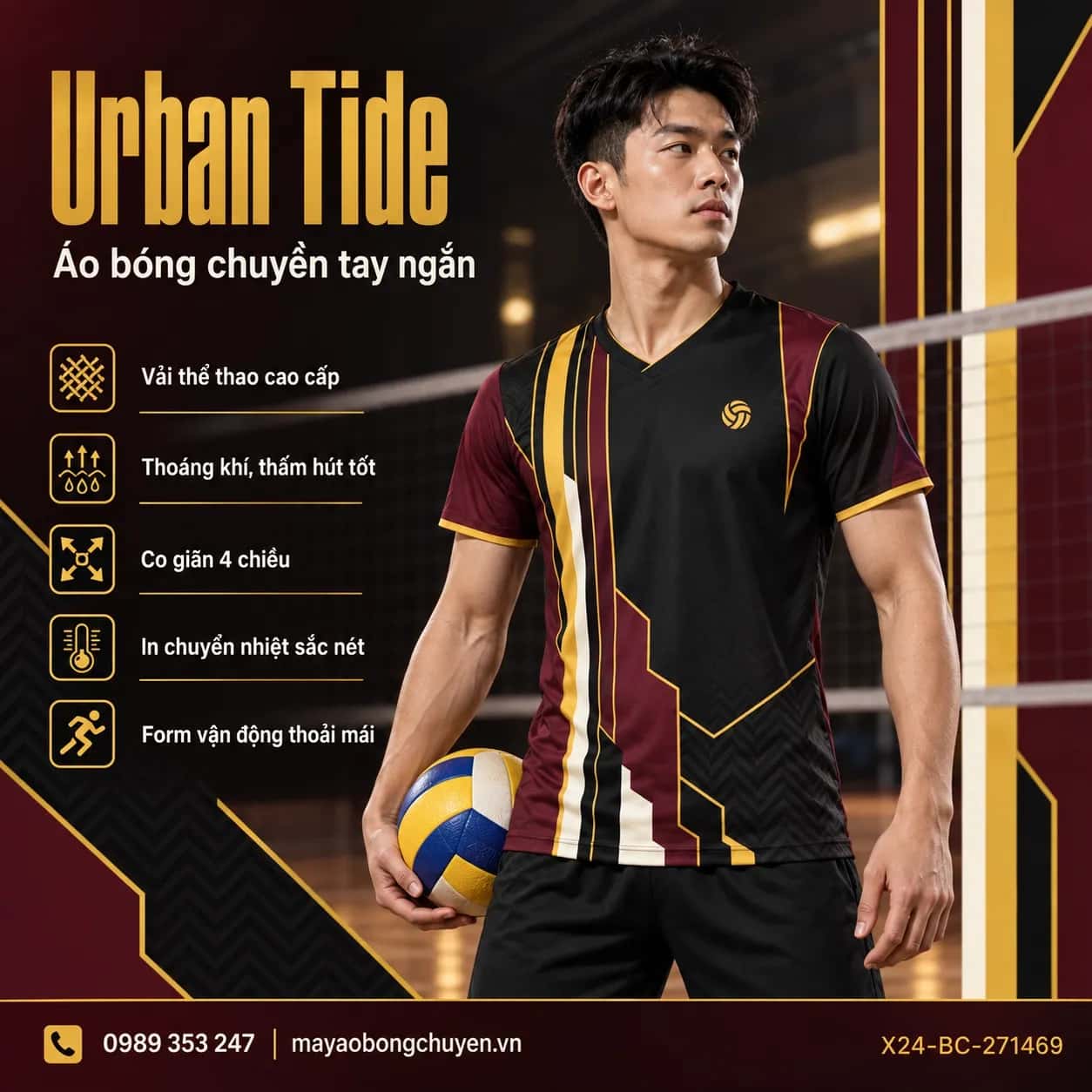 Áo bóng chuyền Urban Tide phối Đen - Đỏ burgundy đặt đội