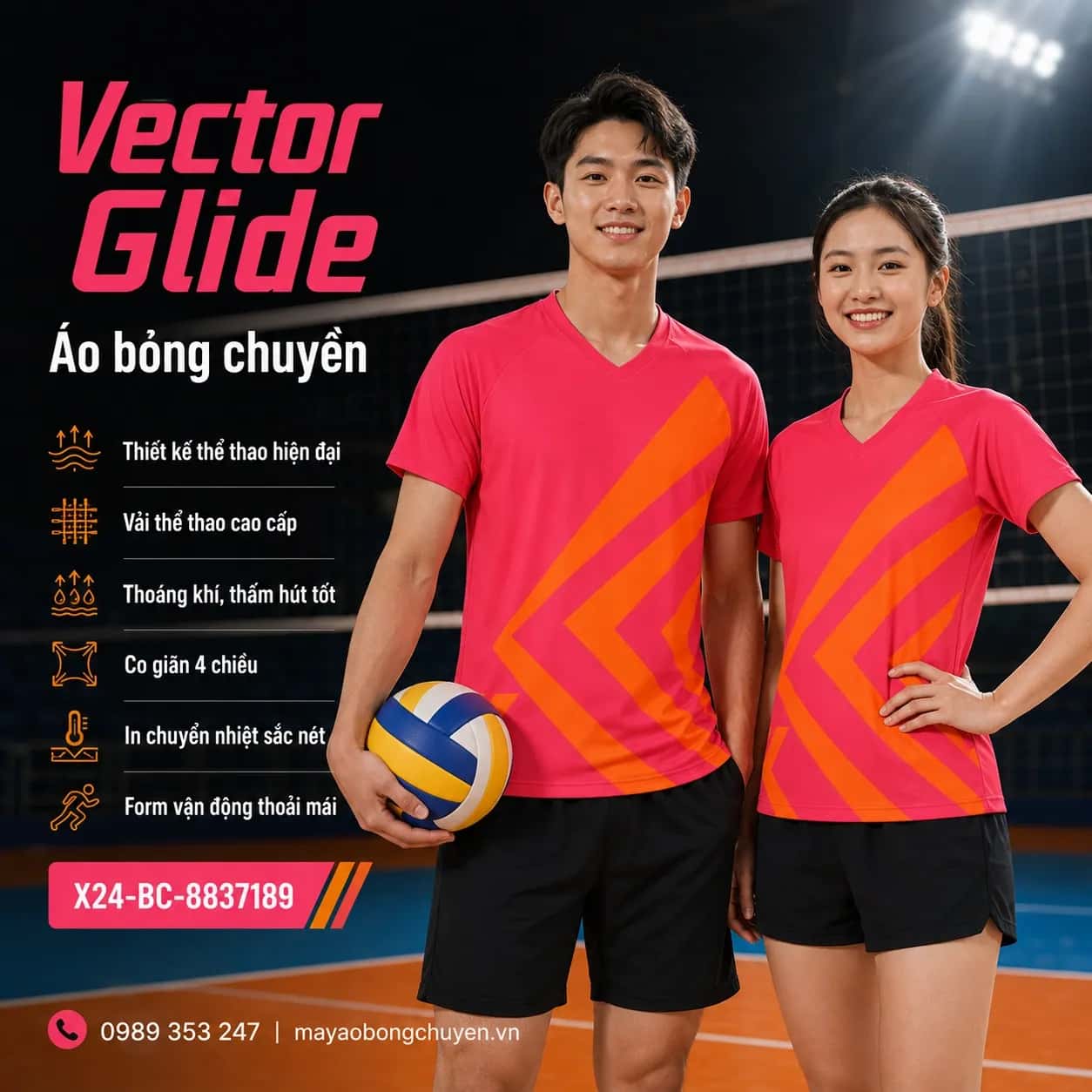 Áo bóng chuyền Vector Glide phối hồng coral cam rực đặt đội
