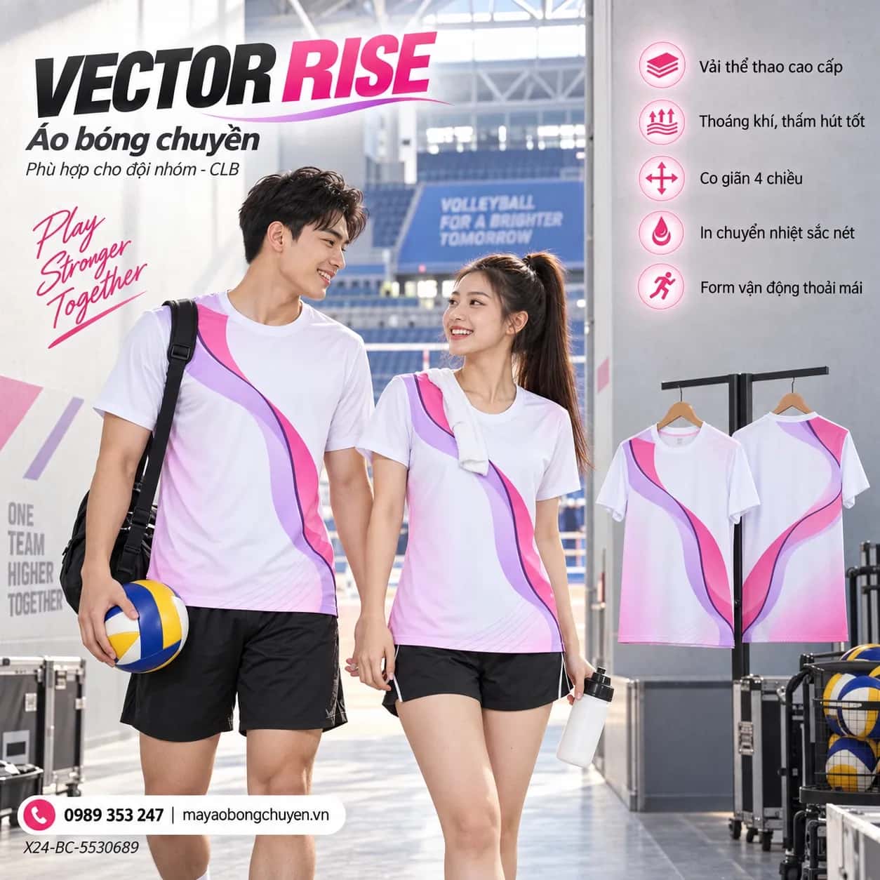 Áo bóng chuyền Vector Rise phối hồng magenta tím lavender đặt đội