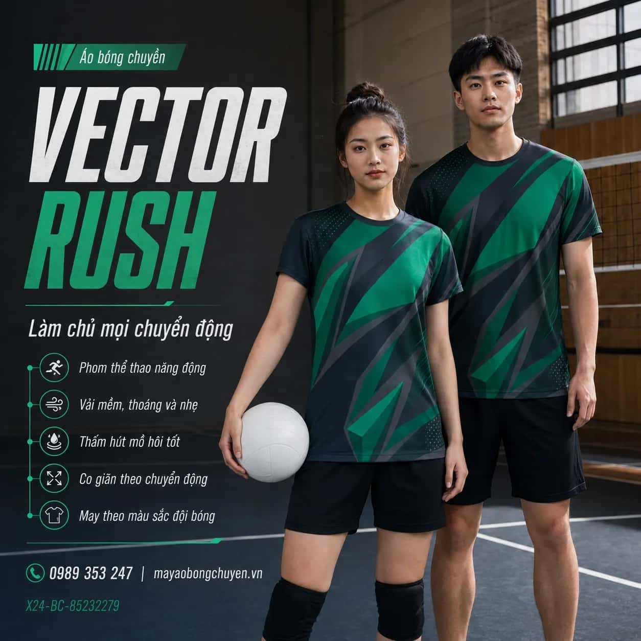 Áo bóng chuyền Vector Rush phối xám graphite xanh emerald đặt đội