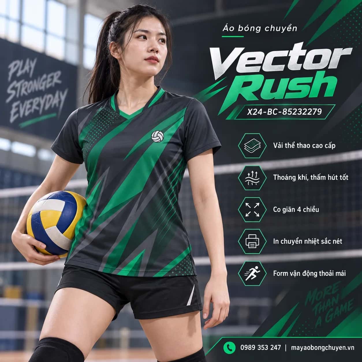 Áo bóng chuyền Vector Rush phối xám graphite xanh emerald đặt đội