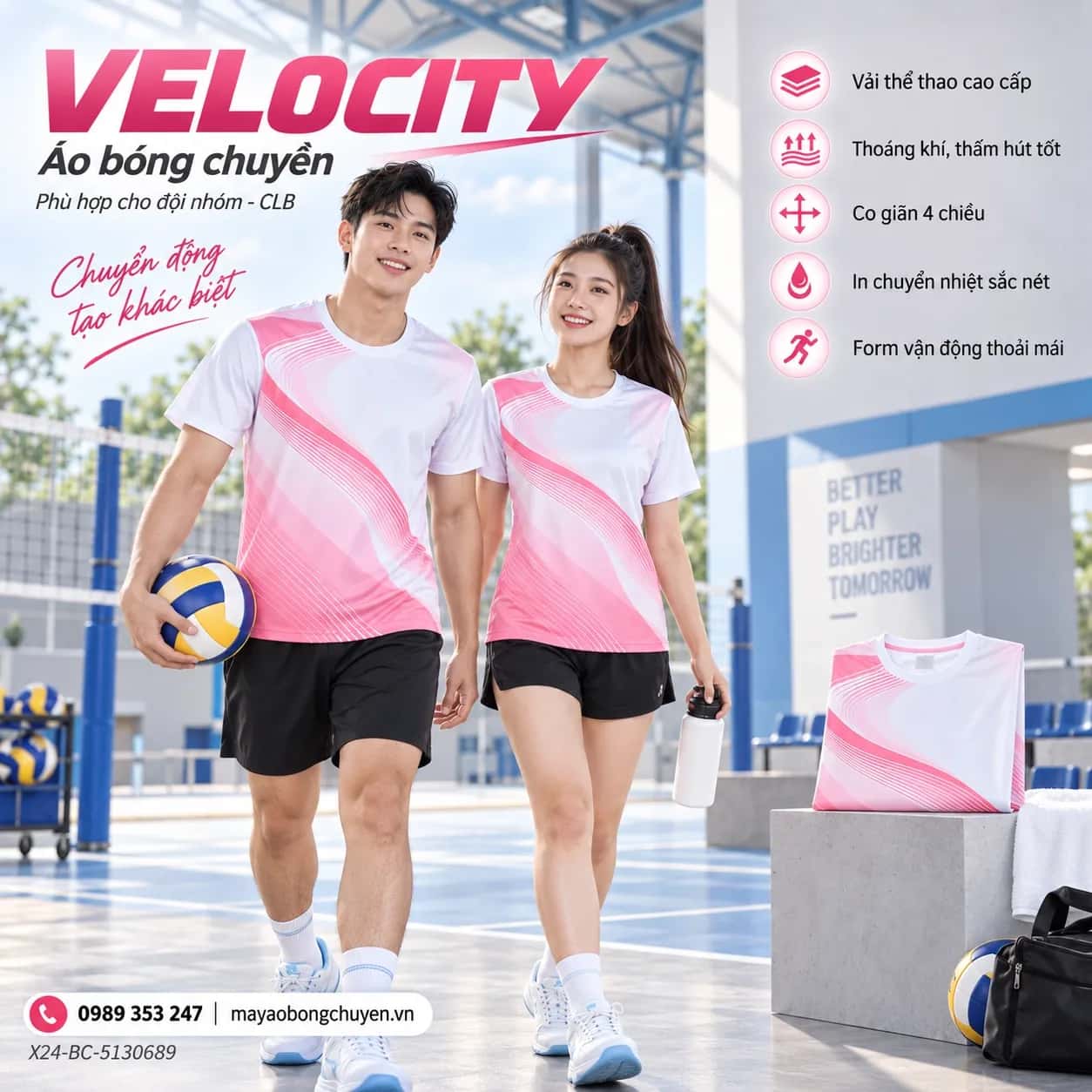 Áo bóng chuyền Velocity phối hồng neon trắng đặt đội