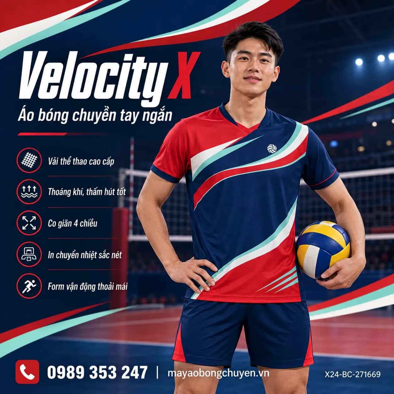 Áo bóng chuyền Velocity X phối Đỏ gạch - Xanh navy đặt đội
