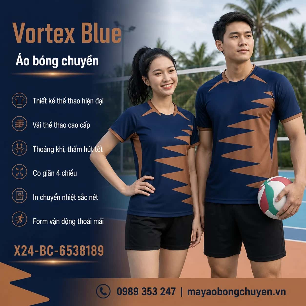 Áo bóng chuyền Vortex Blue phối xanh navy nâu cacao đặt đội
