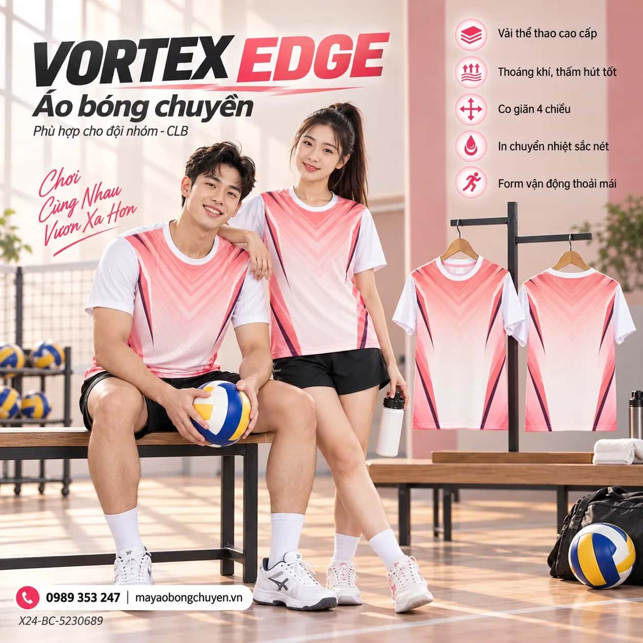 Áo bóng chuyền Vortex Edge phối hồng san hô trắng đặt đội