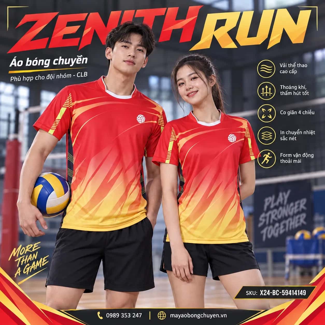 Áo bóng chuyền Zenith Run phối đỏ vàng đặt đội