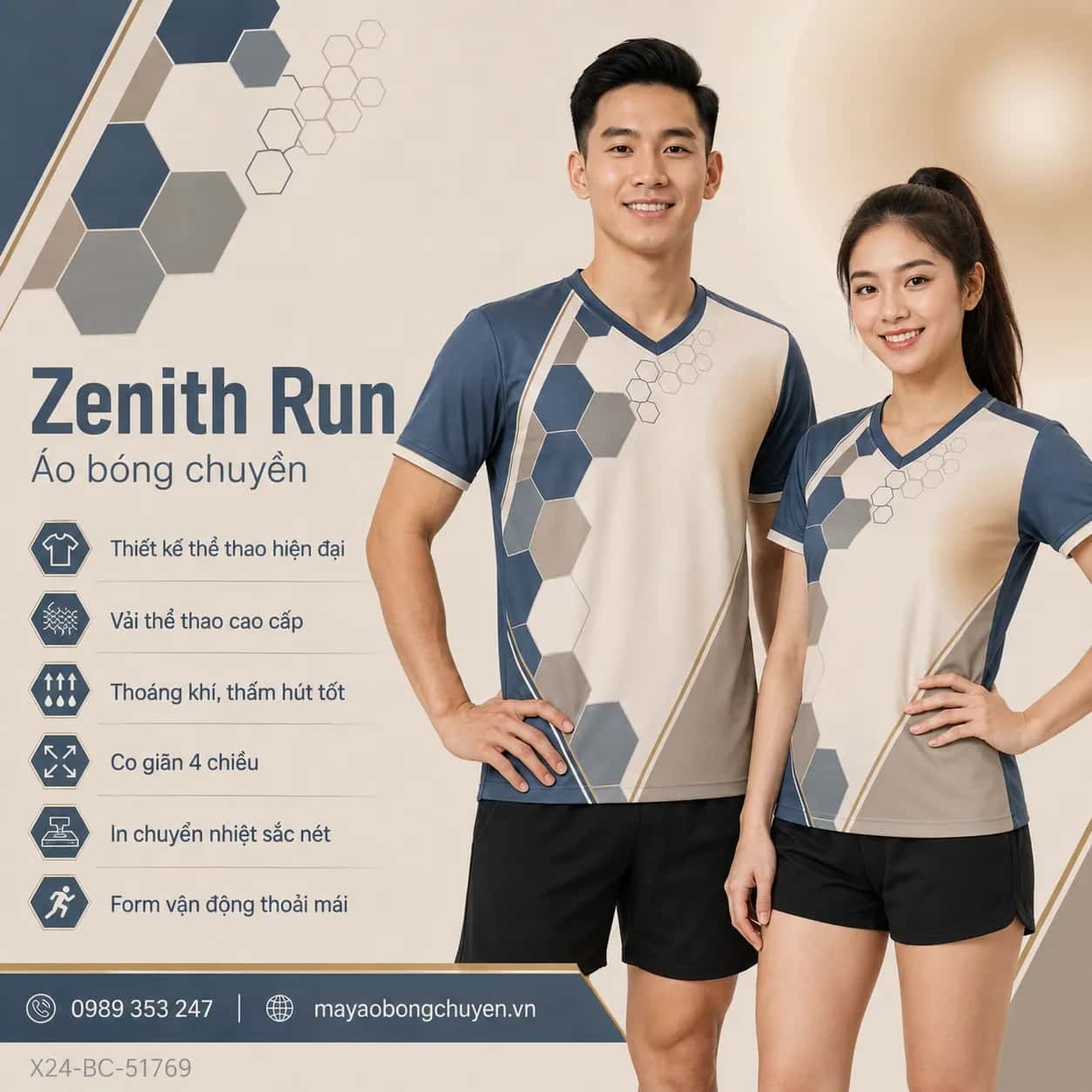 Áo bóng chuyền Zenith Run phối xanh slate greige ấm đặt đội