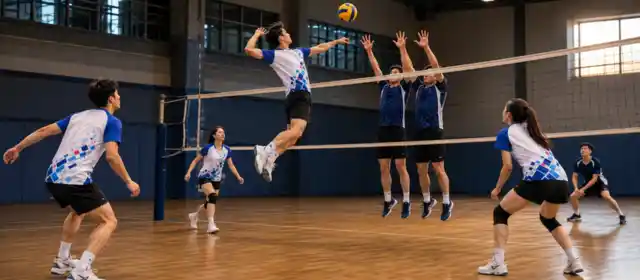 Đội bóng chuyền nam nữ mặc áo trắng xanh thi đấu bật nhảy chắn bóng